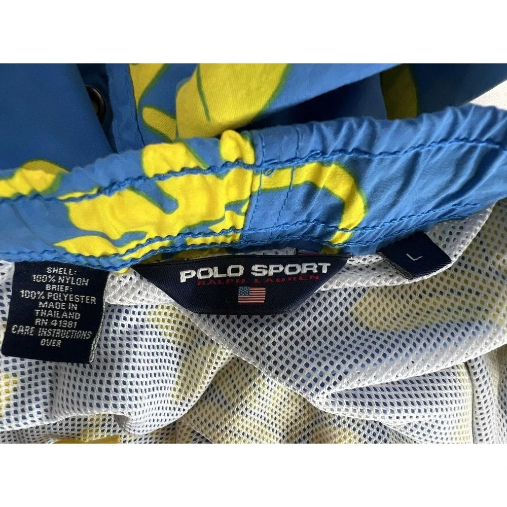 Polo Sport Mens Swim Trunks‎ Large Lined Blue Yellow Drawstring Pockets